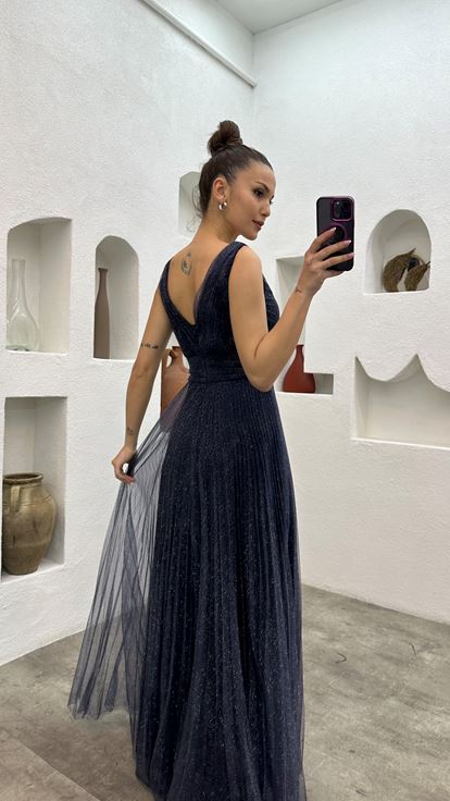 Lacivert Simli Tül Abiye Elbise