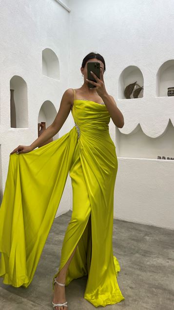 Yellow Chestnut Waist Stone Embroidered Rope Strap Detailed Design Evening Dress