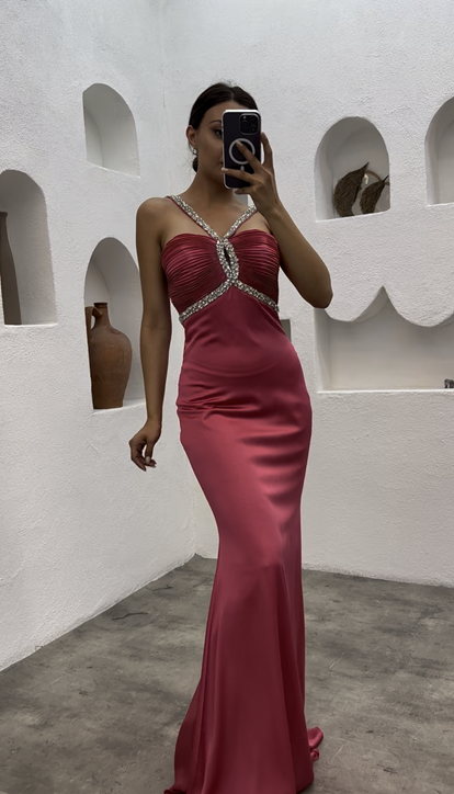 Pink Evening Dress with Stone Detail on the Bust