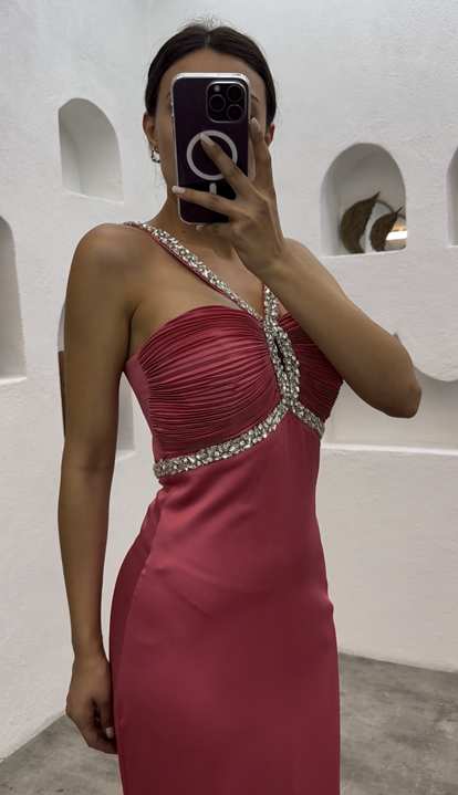 Pink Evening Dress with Stone Detail on the Bust