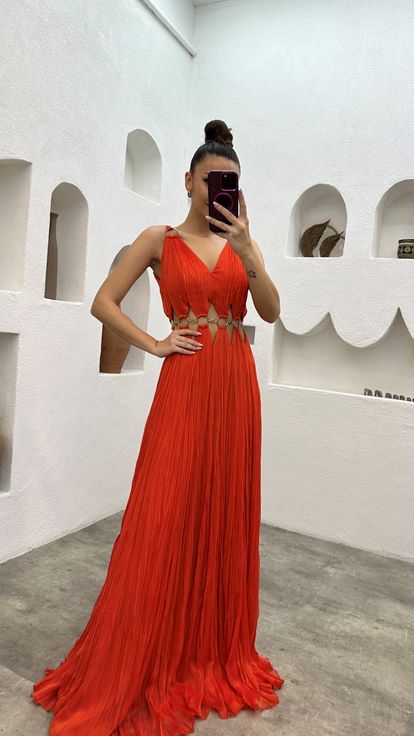 Orange Pleated Chain Detail Design Evening Dress