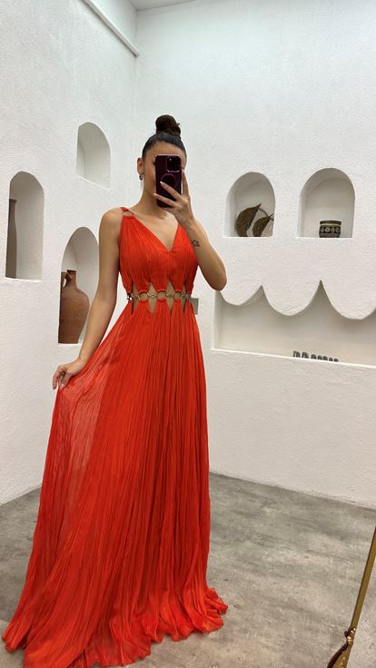 Orange Pleated Chain Detail Design Evening Dress