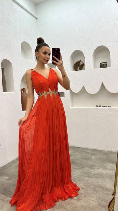 Orange Pleated Chain Detail Design Evening Dress