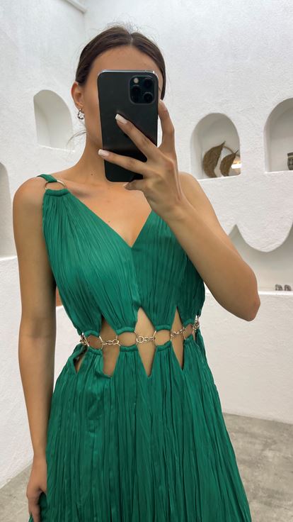 Emerald Pleated Chain Detail Design Evening Dress
