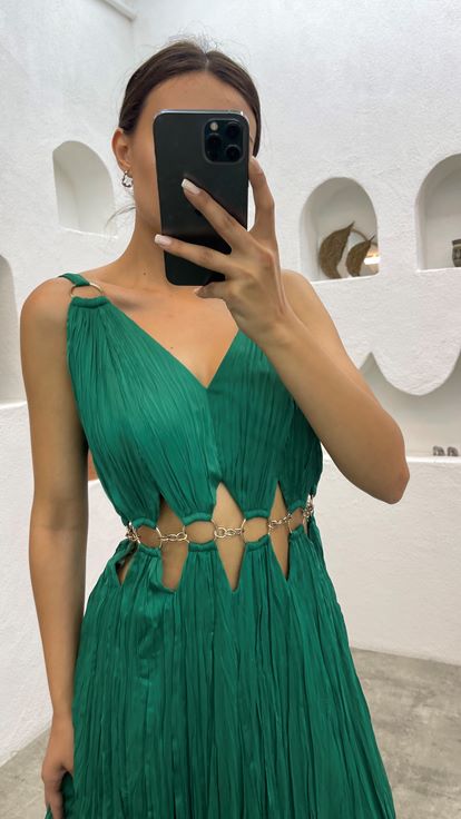 Emerald Pleated Chain Detail Design Evening Dress