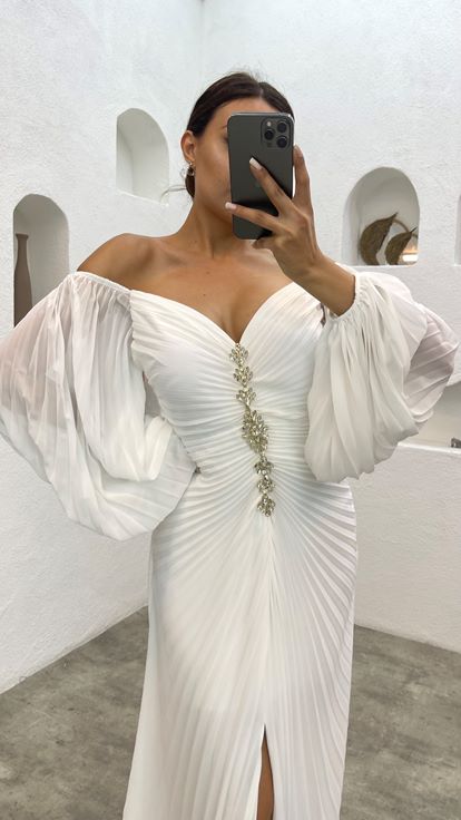 White Pleated Front Brooch Detail Design Evening Dress