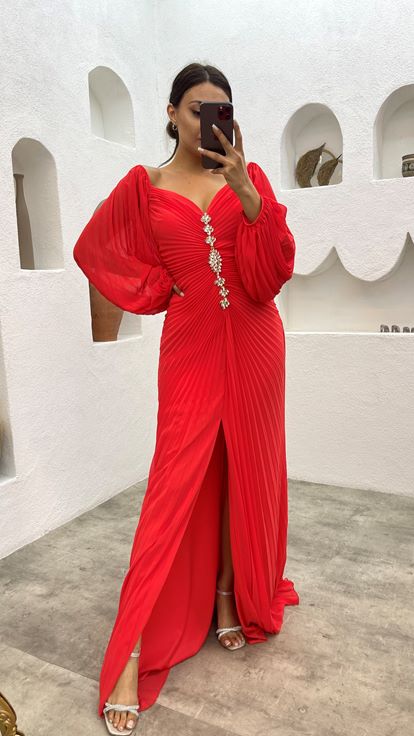 Orange Pleated Front Brooch Detail Design Evening Dress