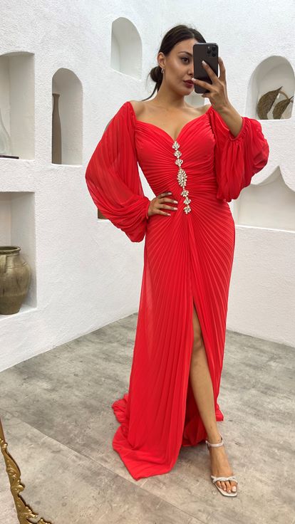 Orange Pleated Front Brooch Detail Design Evening Dress