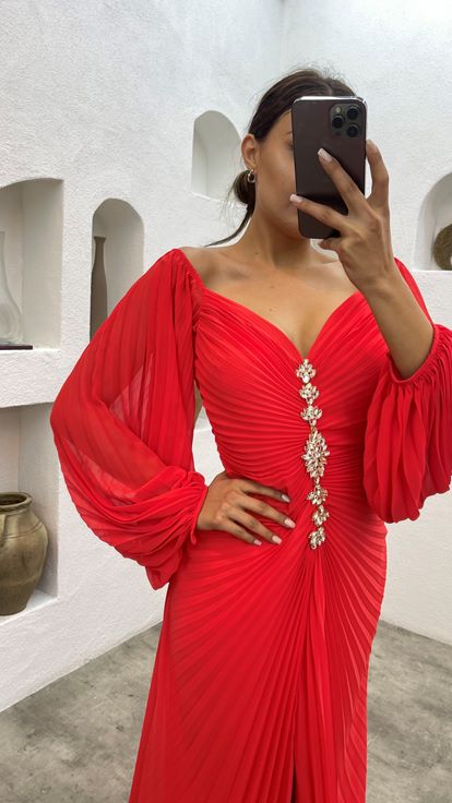 Orange Pleated Front Brooch Detail Design Evening Dress