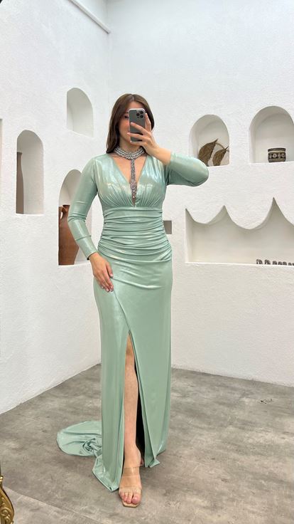 أخضر نعناعي مزدوج الصدر طوق العنق تفاصيل شق تصميم فستان سهرة