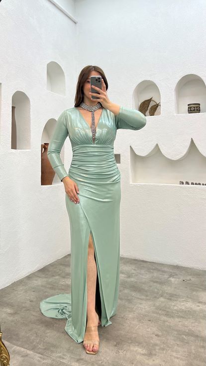 أخضر نعناعي مزدوج الصدر طوق العنق تفاصيل شق تصميم فستان سهرة