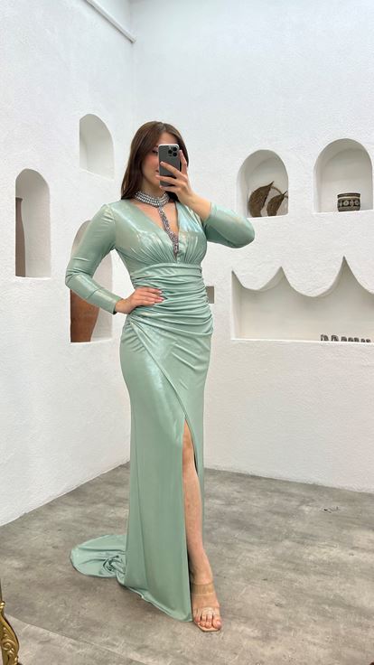 أخضر نعناعي مزدوج الصدر طوق العنق تفاصيل شق تصميم فستان سهرة