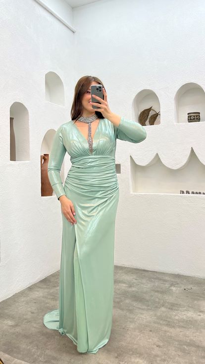 أخضر نعناعي مزدوج الصدر طوق العنق تفاصيل شق تصميم فستان سهرة