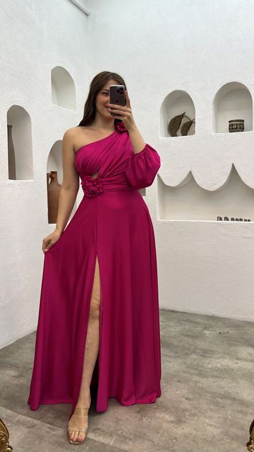 Fucsia De Una Sola Manga Hombro Y Cintura Detalle Floral Talla Grande Vestidos De Noche De Talla Grande