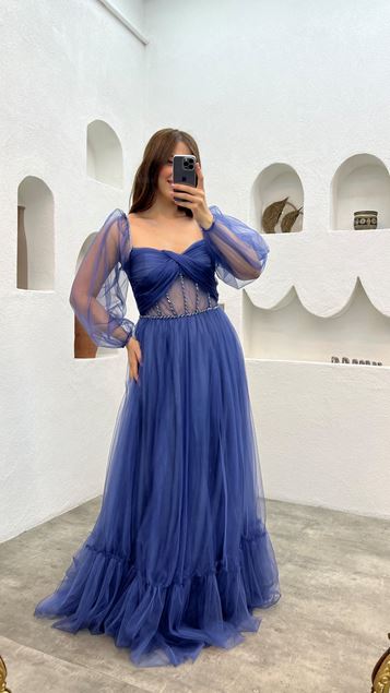 Vestido de noche de tul transparente de talla grande en la cintura índigo