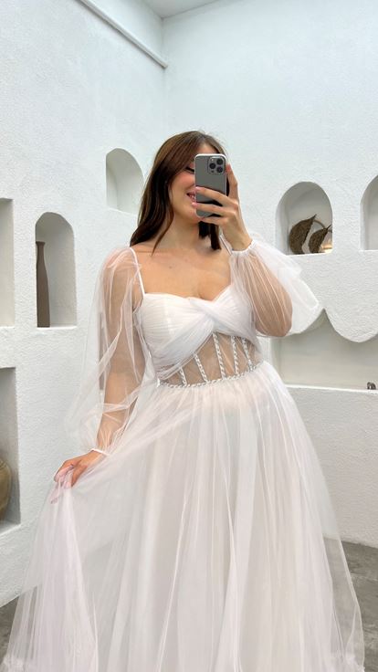 Beyaz Beli Transparan Tül Büyük Beden Abiye Elbise