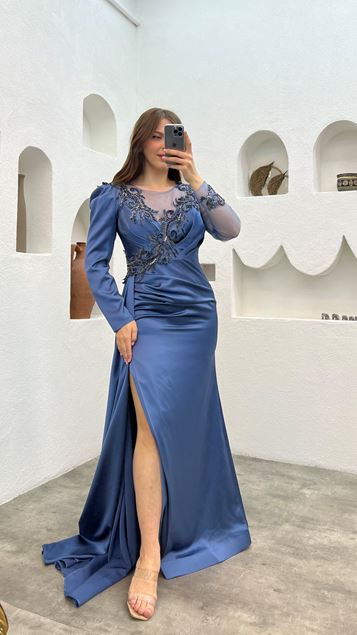 Indigo Bust Tulle Detail Embroidered Design Evening Dress