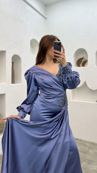 Anthracite Balloon Sleeve Brodé Plus Taille Robe de soirée