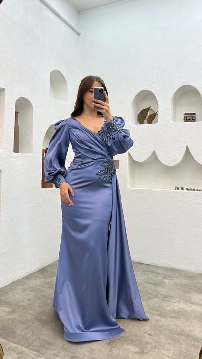 Anthracite Balloon Sleeve Brodé Plus Taille Robe de soirée