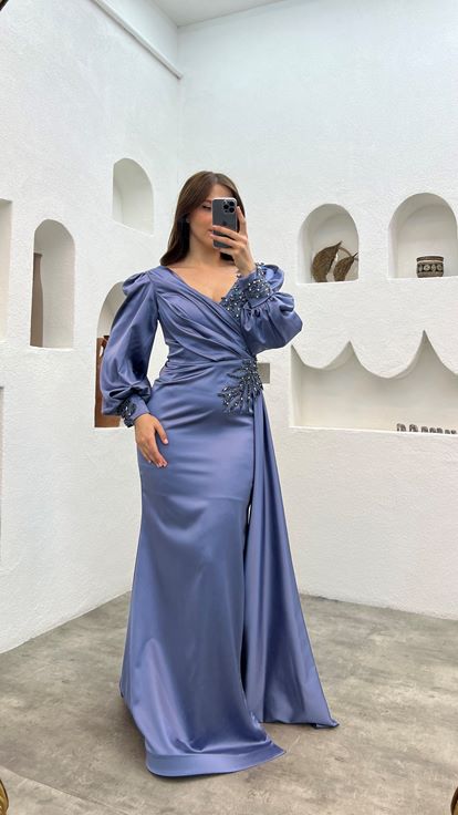 Anthracite Balloon Sleeve Brodé Plus Taille Robe de soirée