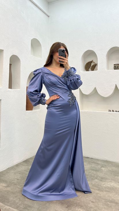 Anthracite Balloon Sleeve Brodé Plus Taille Robe de soirée