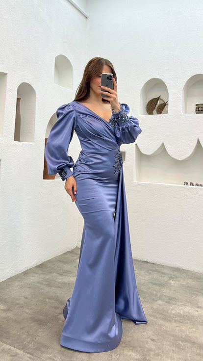 Anthracite Balloon Sleeve Brodé Plus Taille Robe de soirée