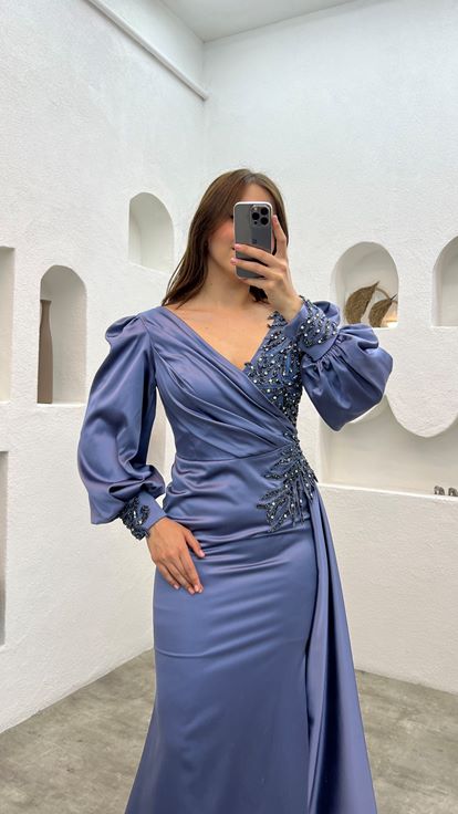 Anthracite Balloon Sleeve Brodé Plus Taille Robe de soirée