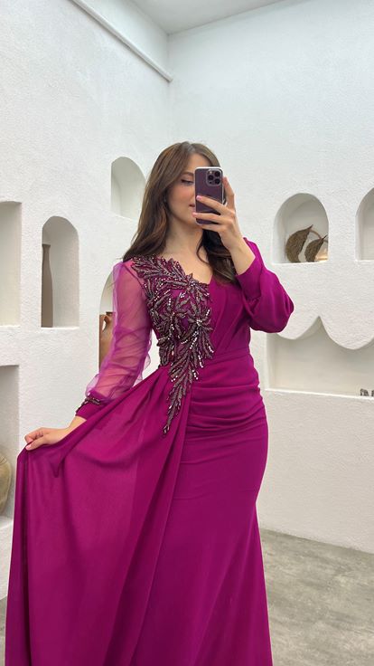 Fuchsia Single Sleeve Tulle Slit Design Plus Size Evening Dress