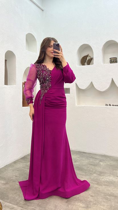 Fuchsia Single Sleeve Tulle Slit Design Plus Size Evening Dress