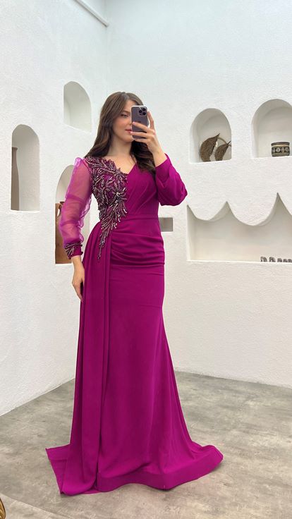 Fuchsia Single Sleeve Tulle Slit Design Plus Size Evening Dress