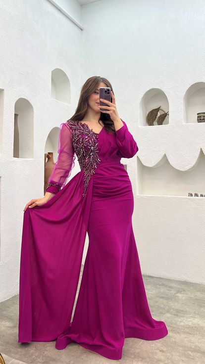 Fuchsia Single Sleeve Tulle Slit Design Plus Size Evening Dress
