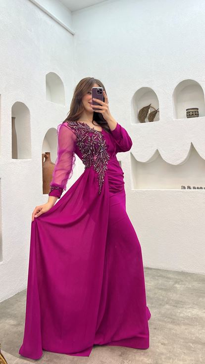 Fuchsia Single Sleeve Tulle Slit Design Plus Size Evening Dress