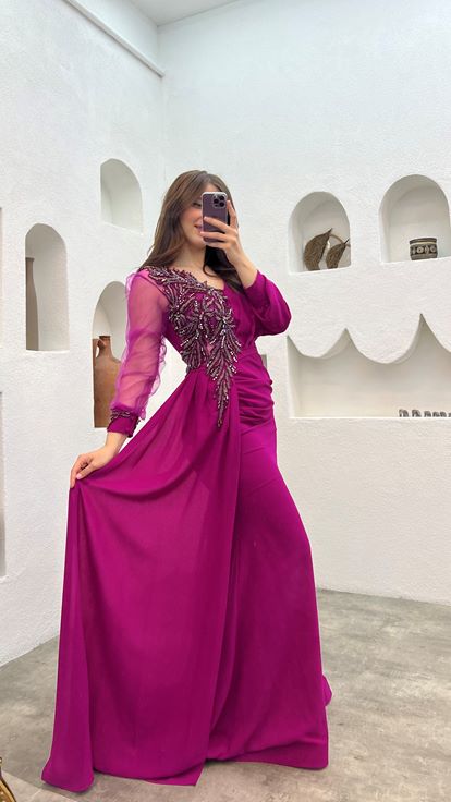 Fuchsia Single Sleeve Tulle Slit Design Plus Size Evening Dress