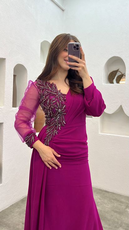 Fuchsia Single Sleeve Tulle Slit Design Plus Size Evening Dress