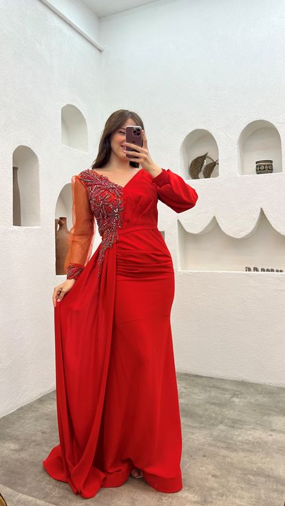 Vestido de noche naranja de tul de una sola manga con abertura de talla grande