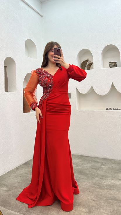 Vestido de noche naranja de tul de una sola manga con abertura de talla grande