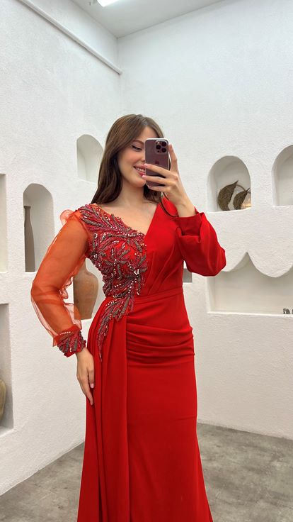 Vestido de noche naranja de tul de una sola manga con abertura de talla grande