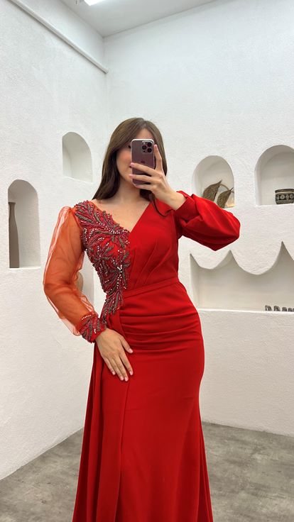 Vestido de noche naranja de tul de una sola manga con abertura de talla grande