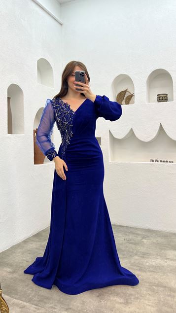 Saks Single Sleeve Tulle Slit Design Plus Size Evening Dress