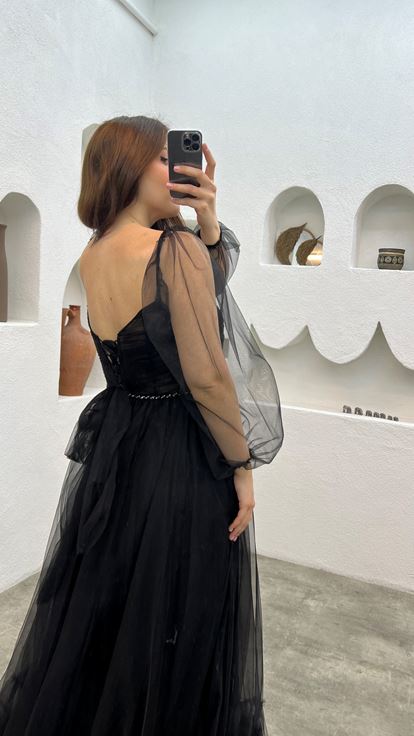 Black Waist Embroidered Detail Tulle Design Evening Dress