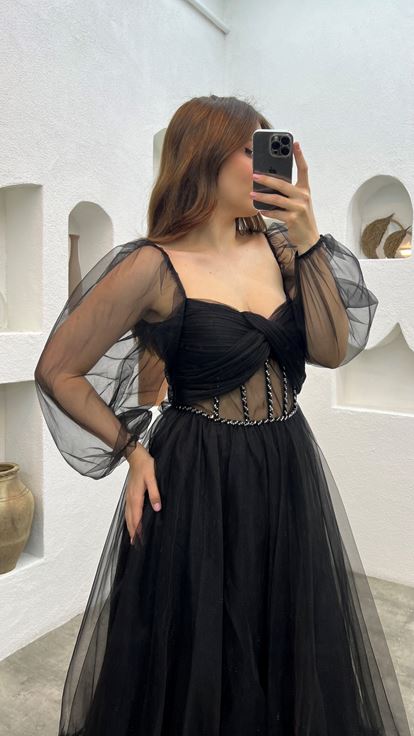 Black Waist Embroidered Detail Tulle Design Evening Dress