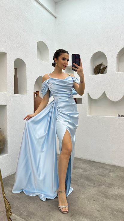 Bebe Mavi İp Askılı Drapeli Saten Abiye Elbise