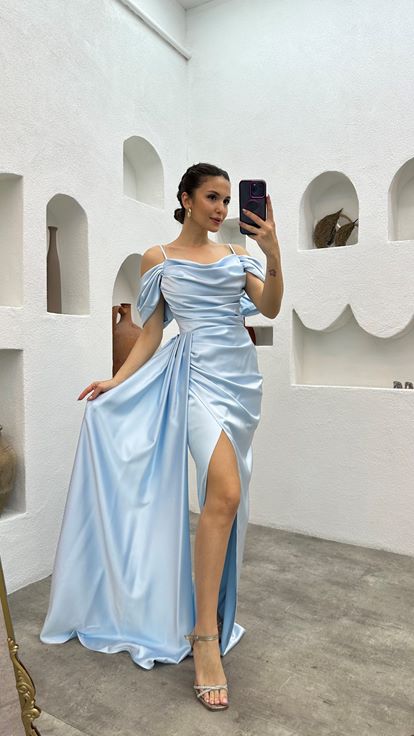Bebe Mavi İp Askılı Drapeli Saten Abiye Elbise