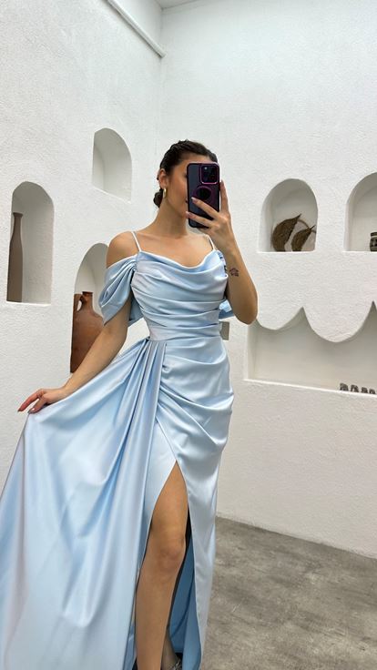 Bebe Mavi İp Askılı Drapeli Saten Abiye Elbise