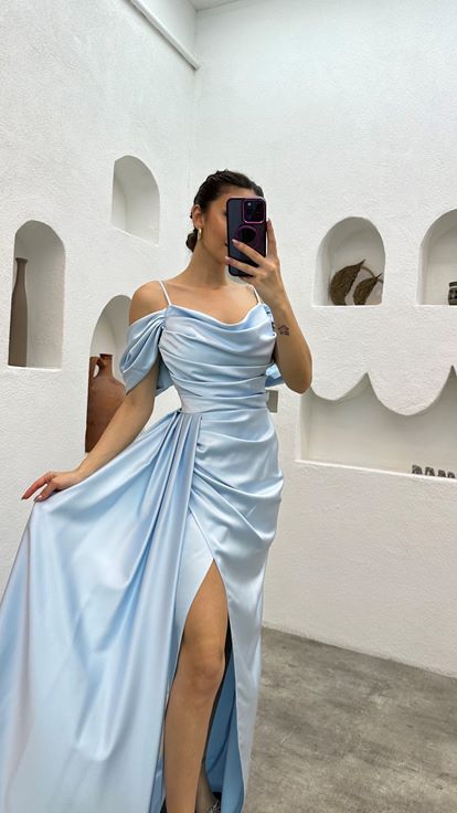 Bebe Mavi İp Askılı Drapeli Saten Abiye Elbise