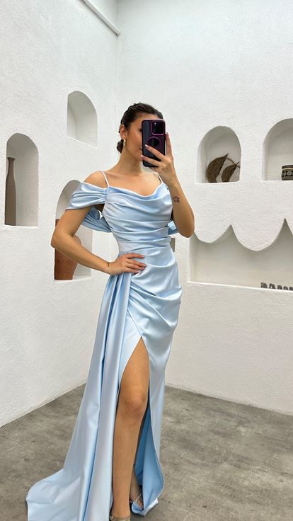 Bebe Mavi İp Askılı Drapeli Saten Abiye Elbise