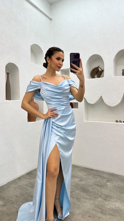 Bebe Mavi İp Askılı Drapeli Saten Abiye Elbise