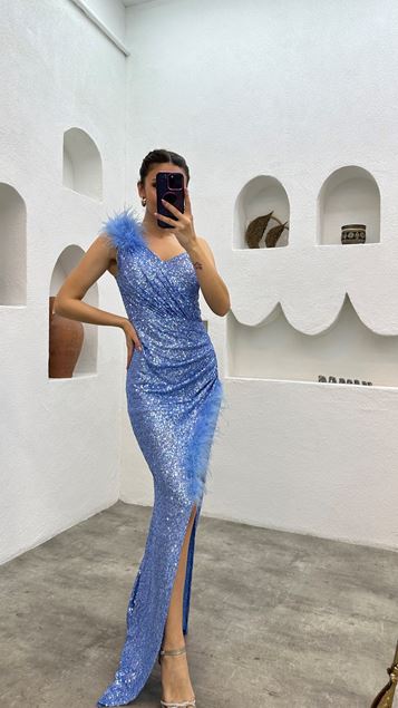 Mavi Omzu Tüy Detay Pul Payet Abiye Elbise