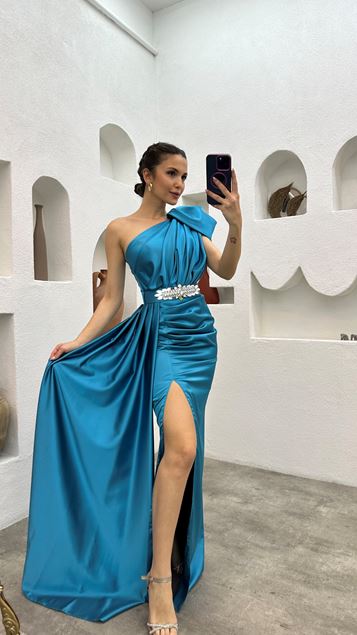 Turquoise One Shoulder Belt Embroidered Design Evening Dress
