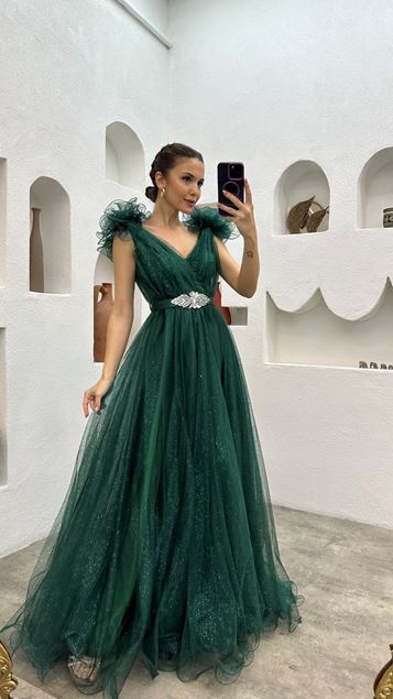 Emerald Green Shoulder Flounce Belt Embroidered Tulle Evening Dress